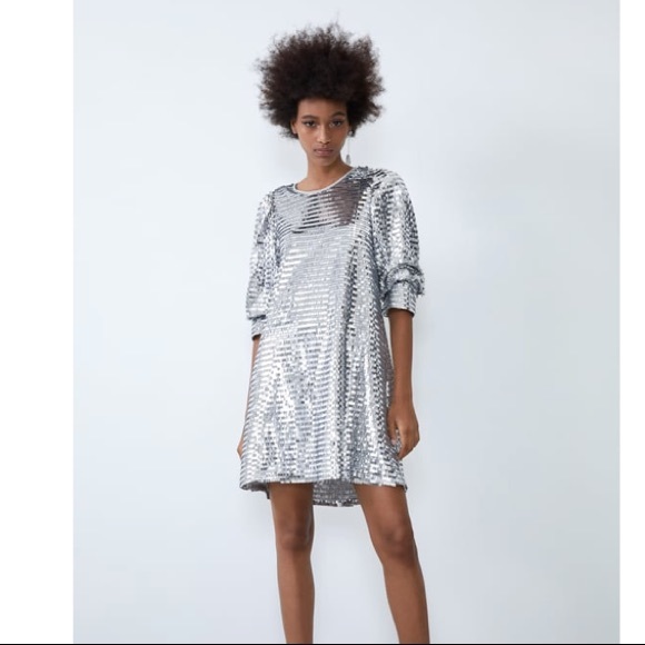 Zara Dresses & Skirts - Zara short sleeve silver sequin dress. NWT